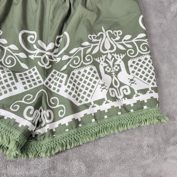 Shein Curve 3XL Plus Green Bird Mural Geometric Chino Shorts Fringe Boho GEO64E - Picture 4 of 9